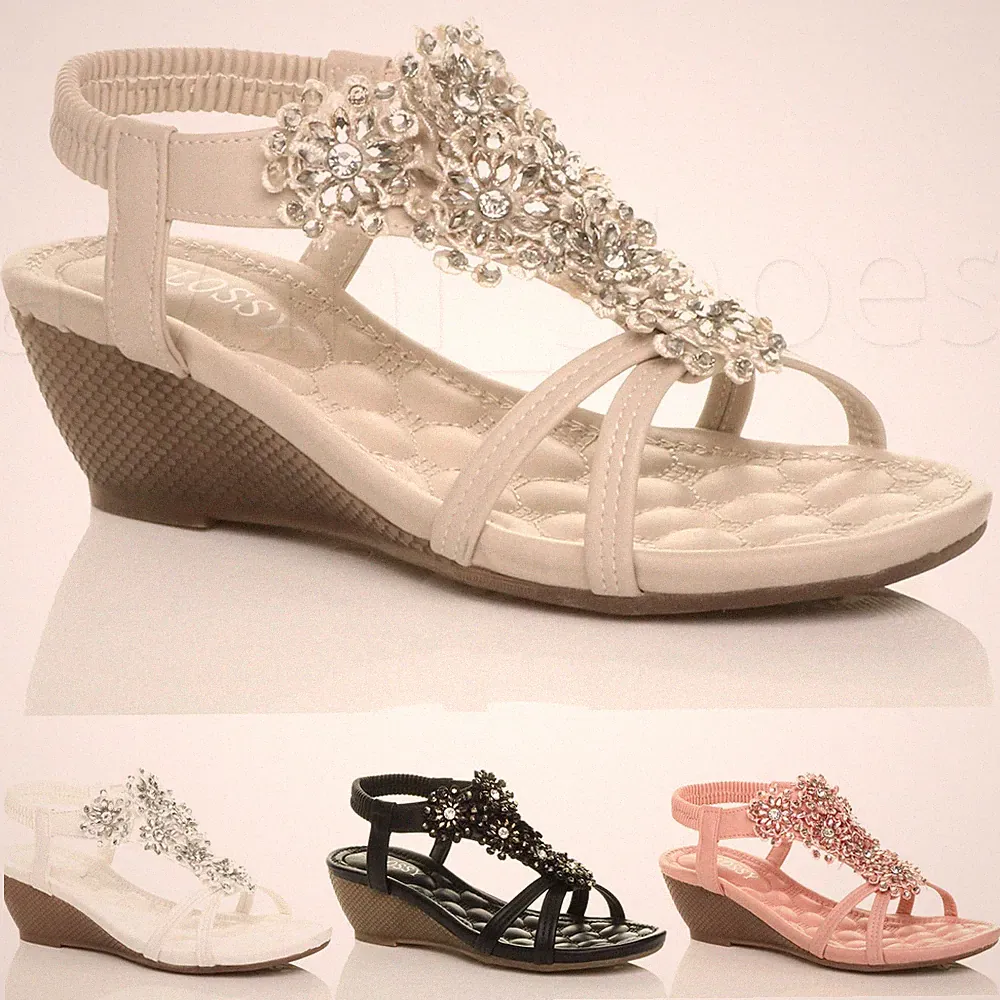 DAMEN HALBHOHER KEILABSATZ BLUMEN STRASSAPPLIKATION T-STEG RIEMCHEN SLINGBACK SANDALEN