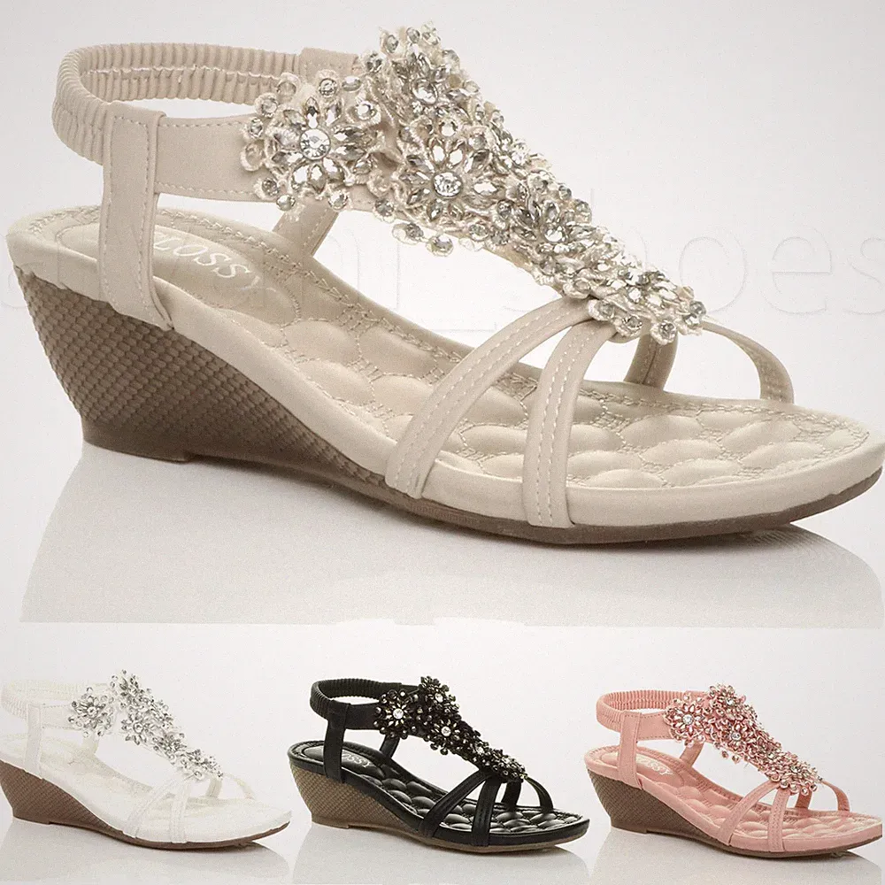 DAMEN HALBHOHER KEILABSATZ BLUMEN STRASSAPPLIKATION T-STEG RIEMCHEN SLINGBACK SANDALEN