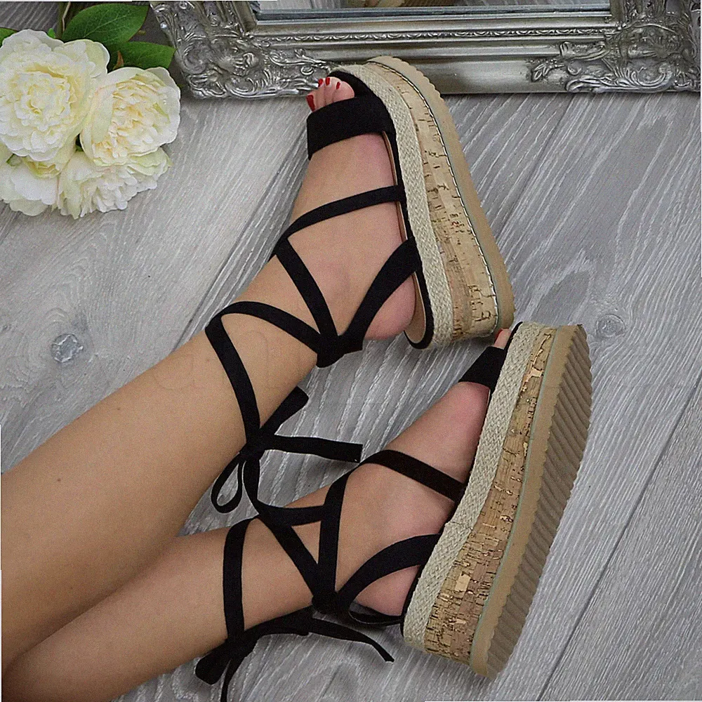 DAMEN HALBHOHER KEILABSATZ ESPADRILLE ZUM BINDEN PLATEAU RIEMCHEN SANDALEN GRÖSSE