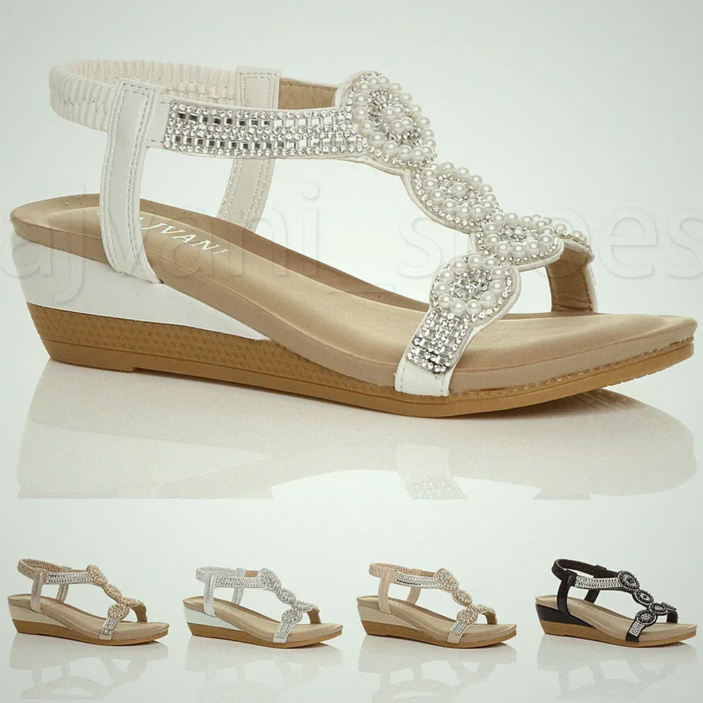 DAMEN HALBHOHER KEILABSATZ STRASSAPPLIKATION T-STEG PERLEN ELASTISCH SLINGBACK SANDALEN GRÖSSE