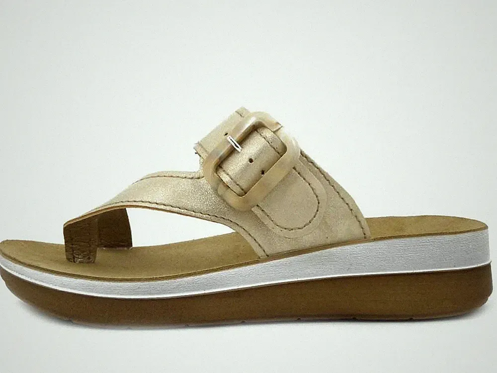 Damen Hausschuhe Zehentrenner beige niedriger Keilabsatz Einlegesohle Echtleder BLAU