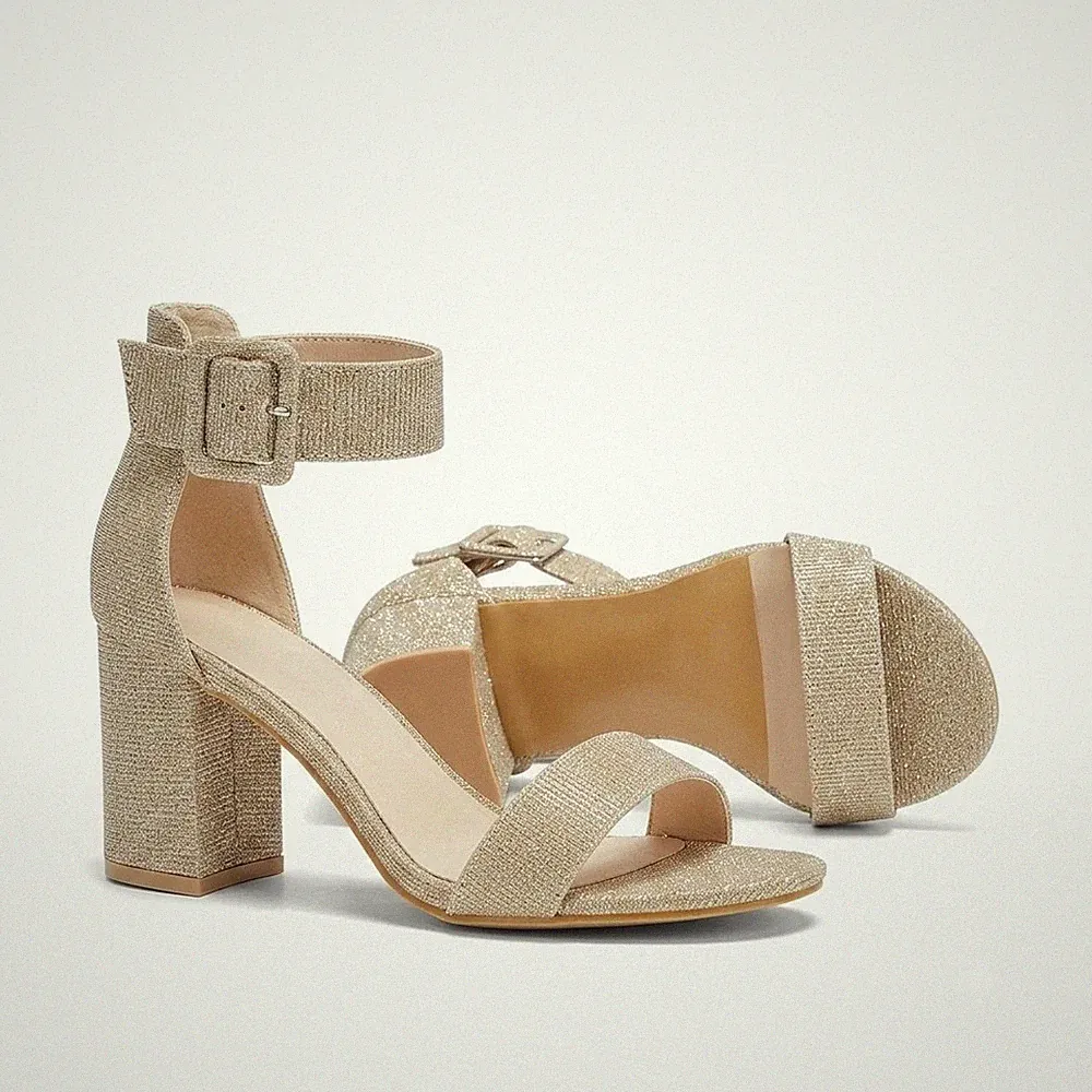 Damen High Heels Gold Pailletten Sandalen Blockabsatz Riemchen Schicke Pumps