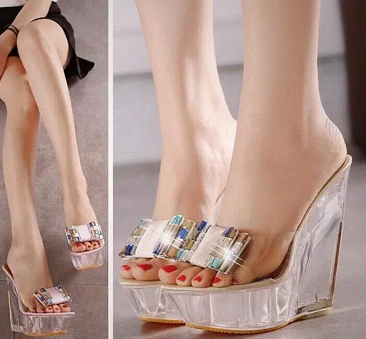 Damen High Sandalen Sabot Pantoletten Keilabsatz 14 cm Meer bequem transparent CZ082