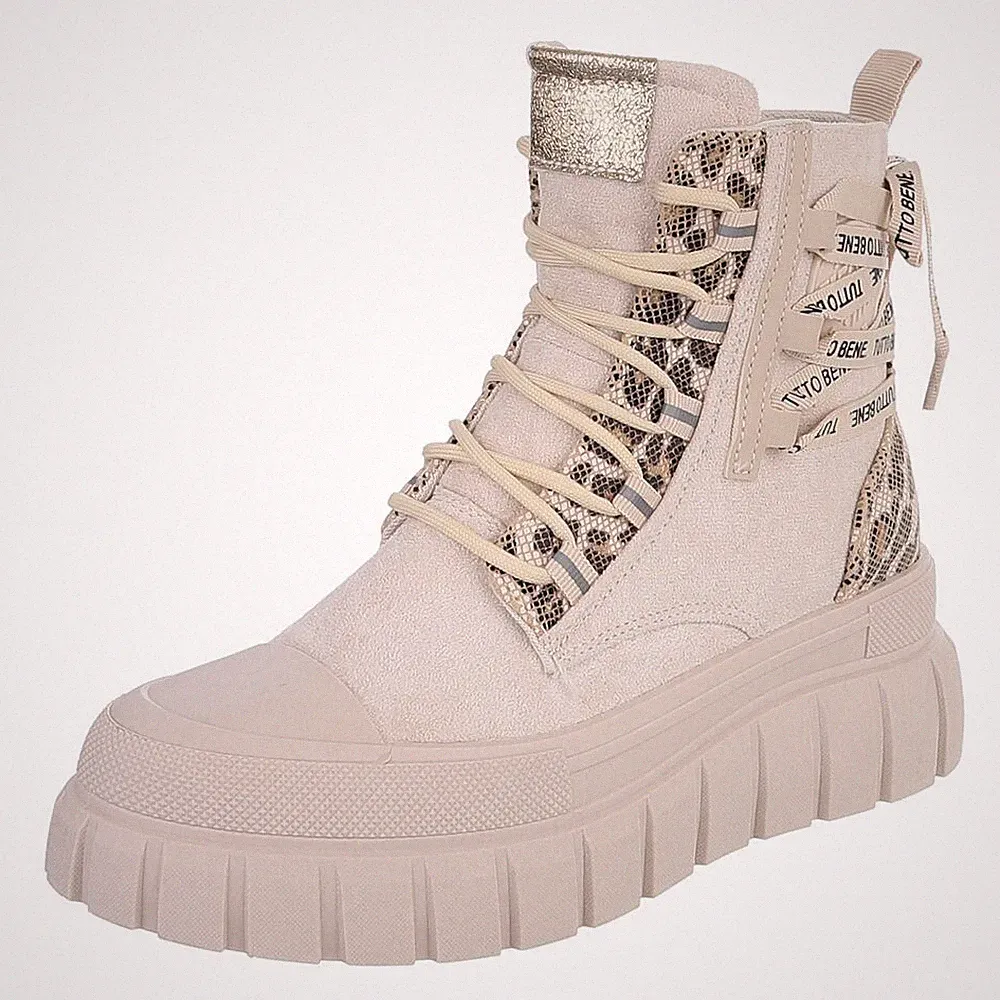 Damen High-Top Stiefeletten mit Lochschnürung Ital-Design 6304 in Beige