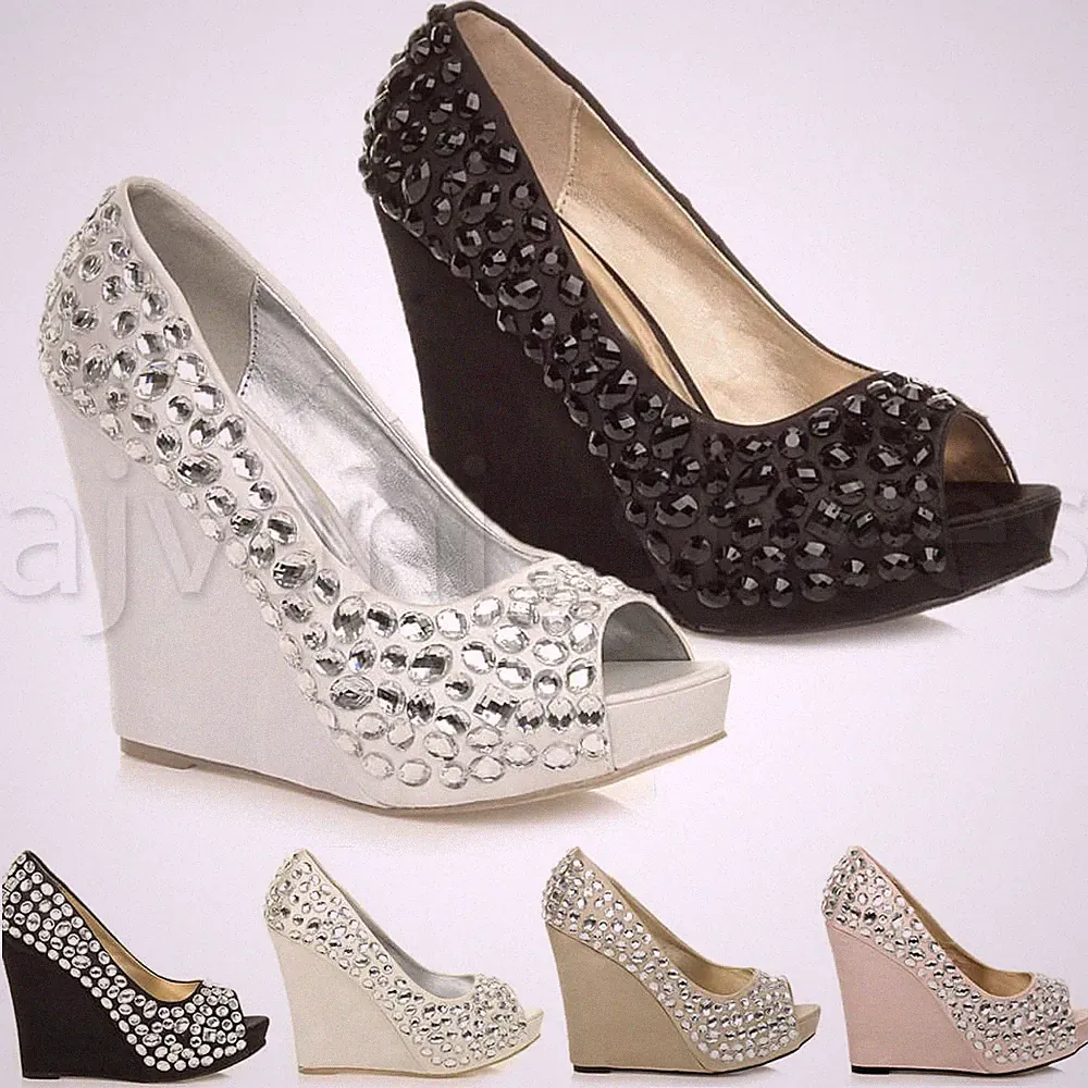 Damen Hochzeit Abend Edelsteine Hochkeilabsatz Sandalen Peep Toe Schuhe Größe