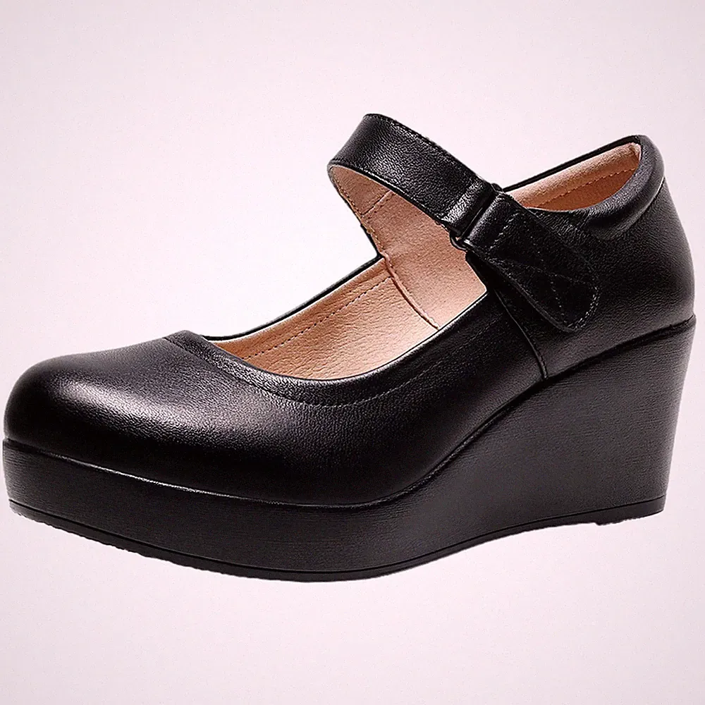 Damen Hohe Plateau 6CM Keilabsatz Mary Jane Schuhe Klettverschluss Knöchelrie...
