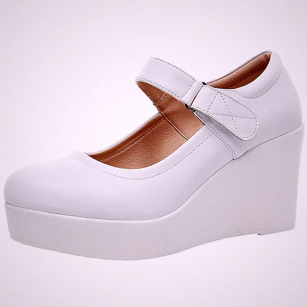 Damen Hohe Plateau 8CM Keilabsatz Mary Jane Schuhe Klettverschluss Knöchelrie...