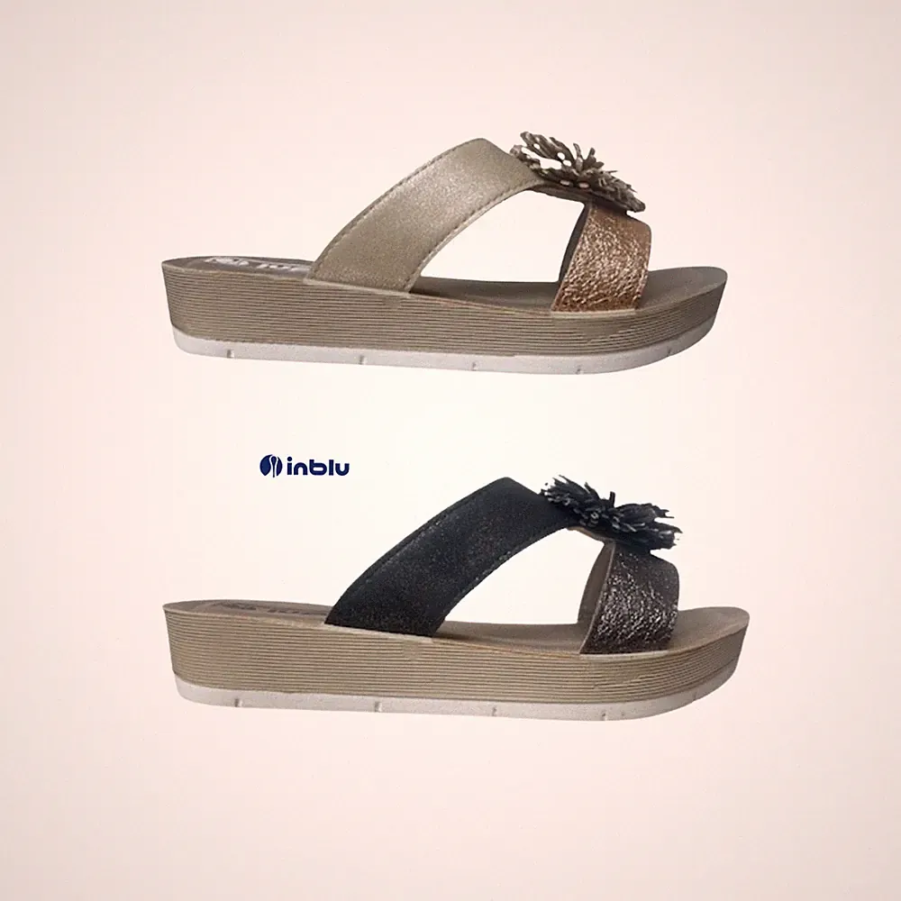 Damen InBlu Slipper Sandalen Blume Perlen Metallic gepolstert Sommer Strand Keilabsatz