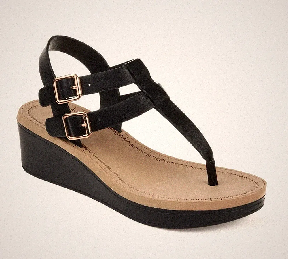 Damen Journee Kollektion Bianca Wedge Thong Sandale Schwarz Kunstleder 9 M