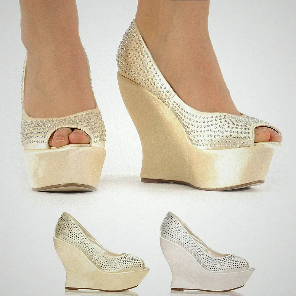 DAMEN KEIL PEEP TOE HIGH HEEL HOCHZEIT BRAUT PARTY ABSCHLUSSBALLSCHUHE GRÖSSE 3-8