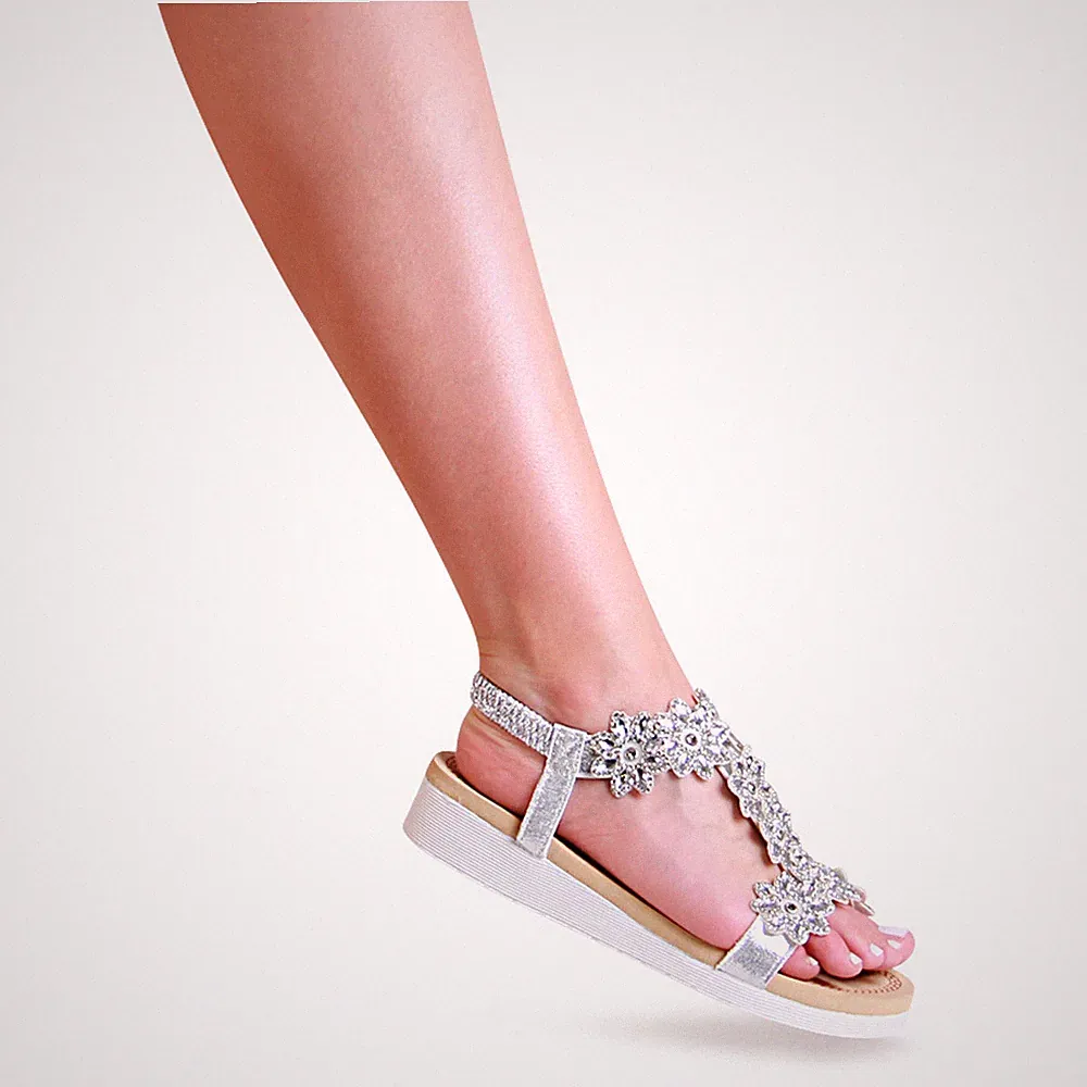 Damen Keil Sandalen Plateau Riemchen Sandaletten Glitzer Keilabsatz Blume