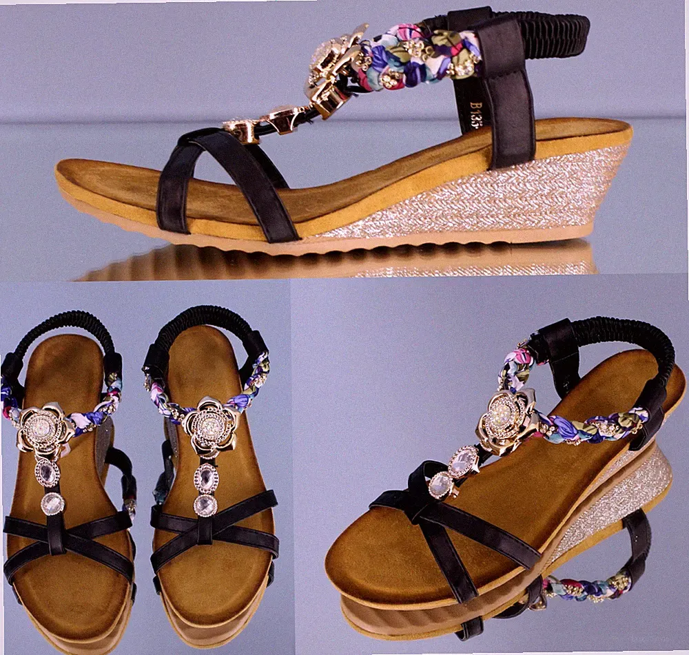 Damen Keil Sandaletten Fußbett dehnbare Kordel Sommerschuhe Sommersandalen neu