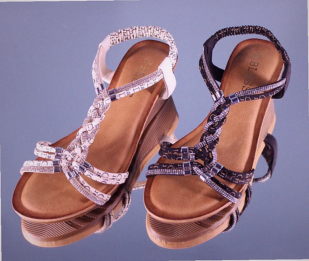Damen Keil Sandaletten mit 4cm Keilabsatz Wedge Glitzer Sommerschuhe Pailletten