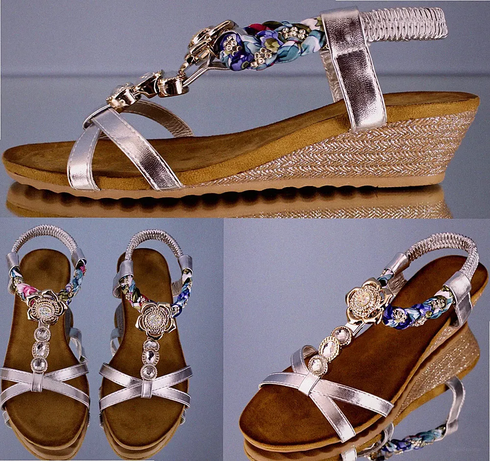 Damen Keil Sandaletten mit Fußbett dehnbare Kordel Sommersandalen Sommerschuhe