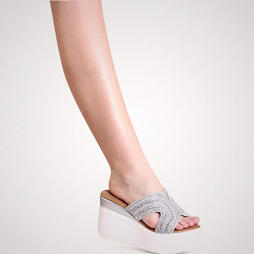 Damen Keil Sandaletten XXL Plateau Sandalen Glitzer Pantoletten Keilabsatz
