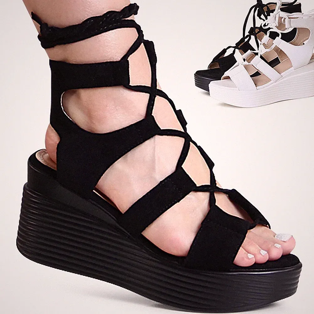 Damen Keil Sandaletten XXL Plateau Sandalen Schnürpumps Gladiator Römer