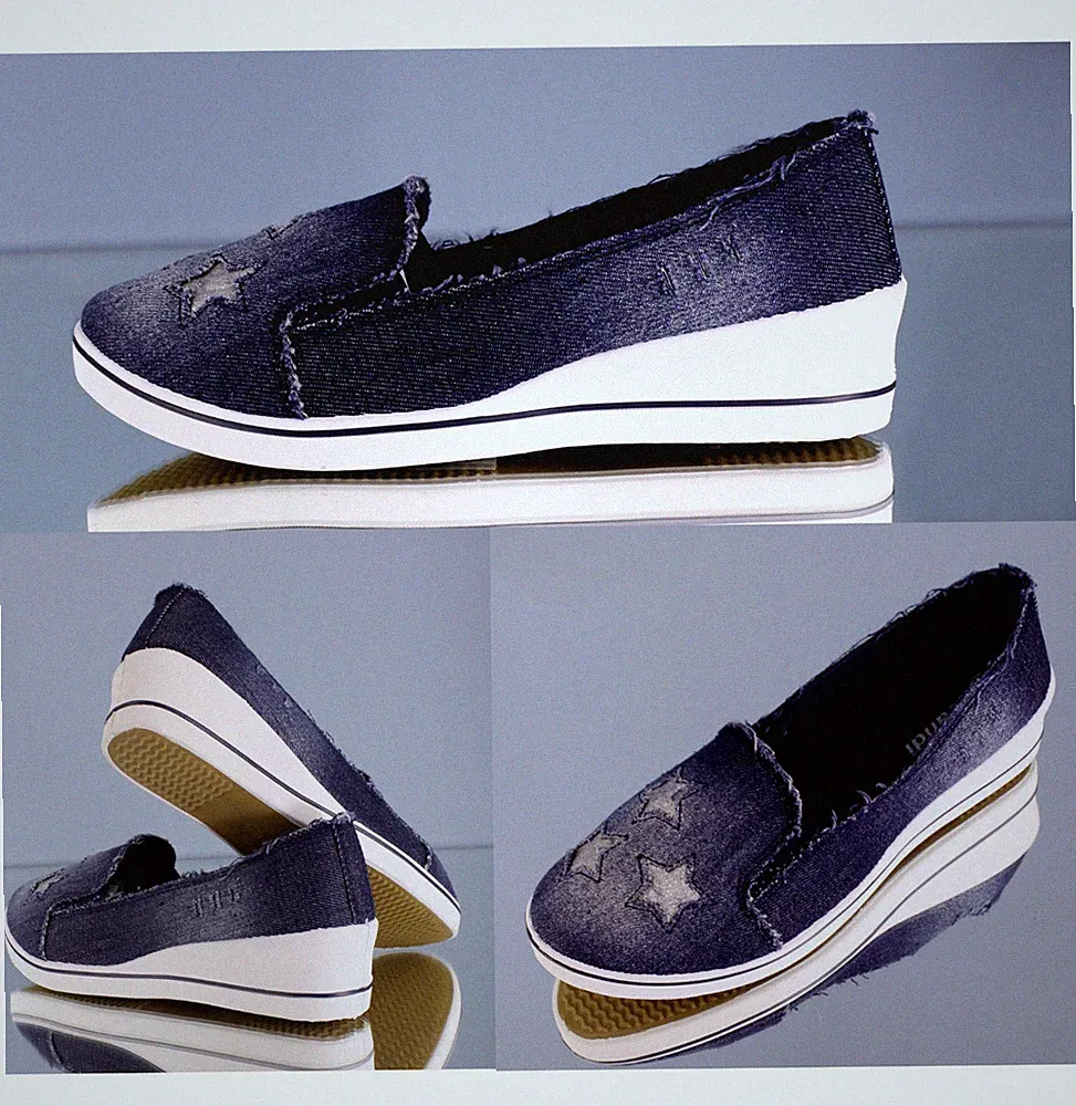 Damen Keil Slipper Jeansstoff Risse Sterne Keil Pumps Keilballerina Ballerinas