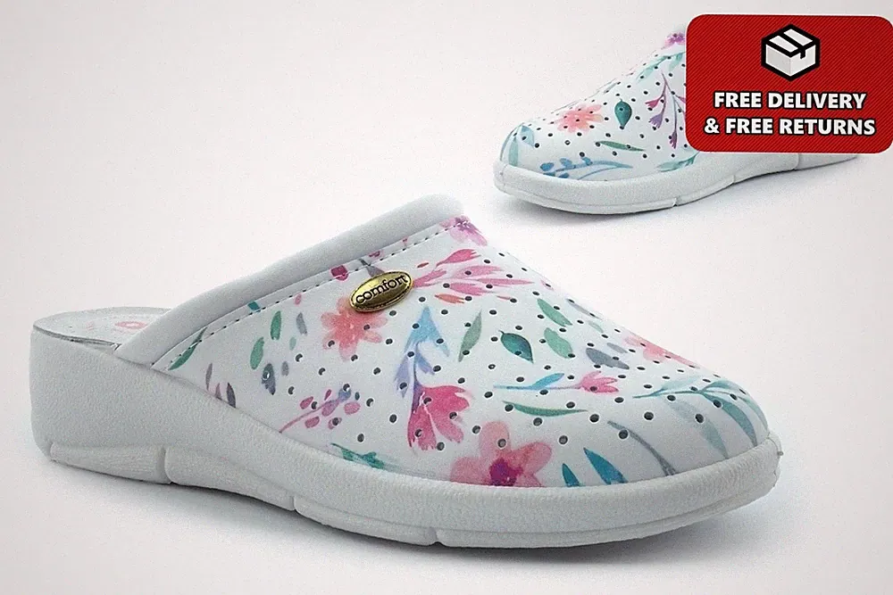 Damen Keilabsatz Clogs Damen Blumen Clogs Leder Innensohle Blumen Sandalen Pantoletten