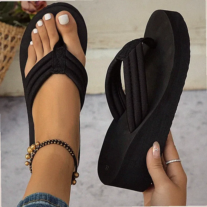 Damen Keilabsatz Flip Flops Plateau Sandalen dicke Sohle Strand Sommer Pantoletten