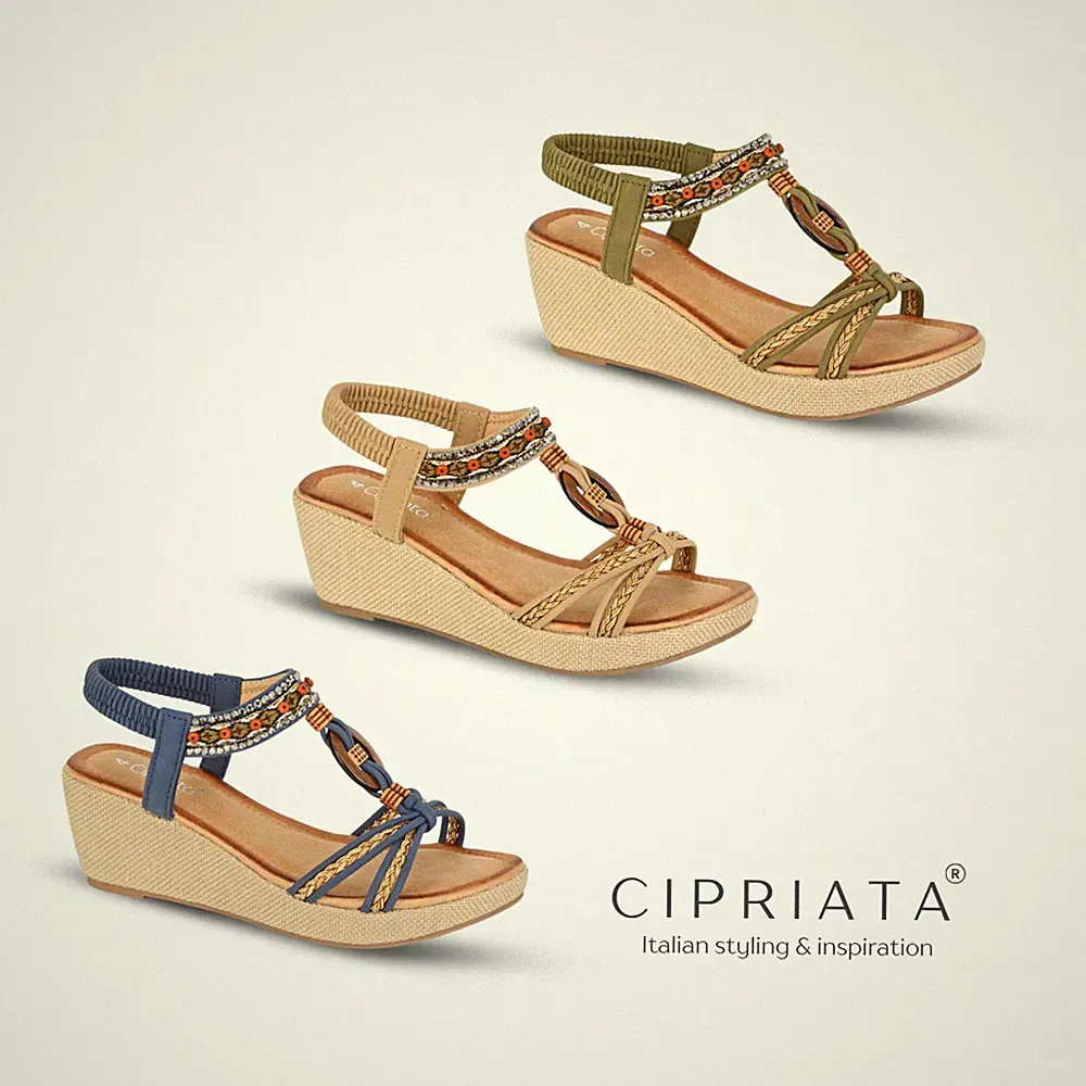 Damen Keilabsatz Gummizug Sandalen Cipriata Neckholder Riemchen Sommer verziert