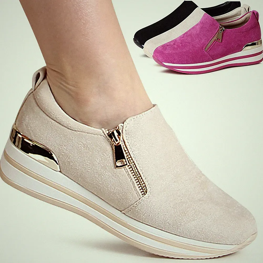 Damen Keilabsatz Halbschuhe Plateau Sneaker Keil Velours Slipper Slip On