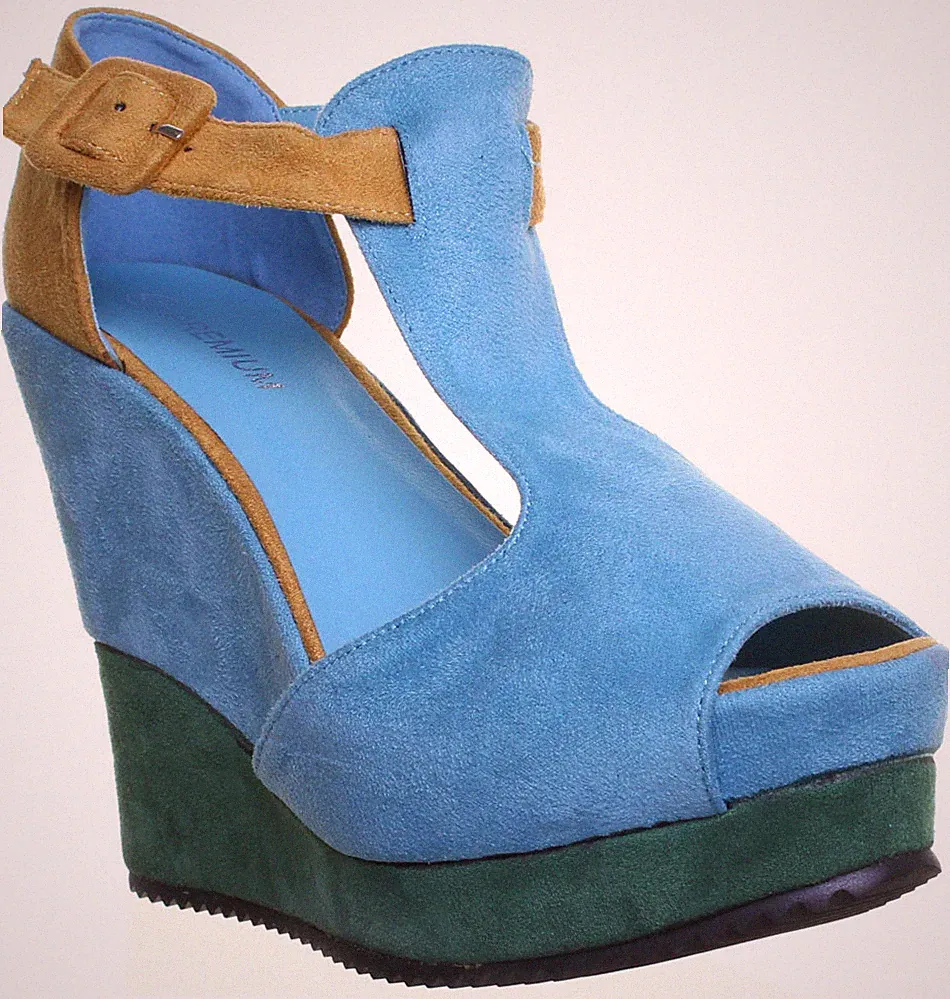 Damen Keilabsatz hohe Plateau Sandalette mit seitlichen Riemen Schnalle in Türkis Größe UK 3-8