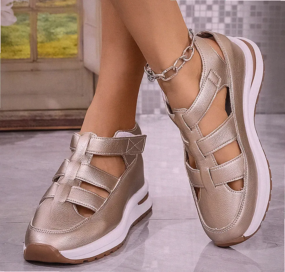 Damen Keilabsatz Innenhöherlegung Sommer Freizeitschuhe Sandalen mit Cut-Outs