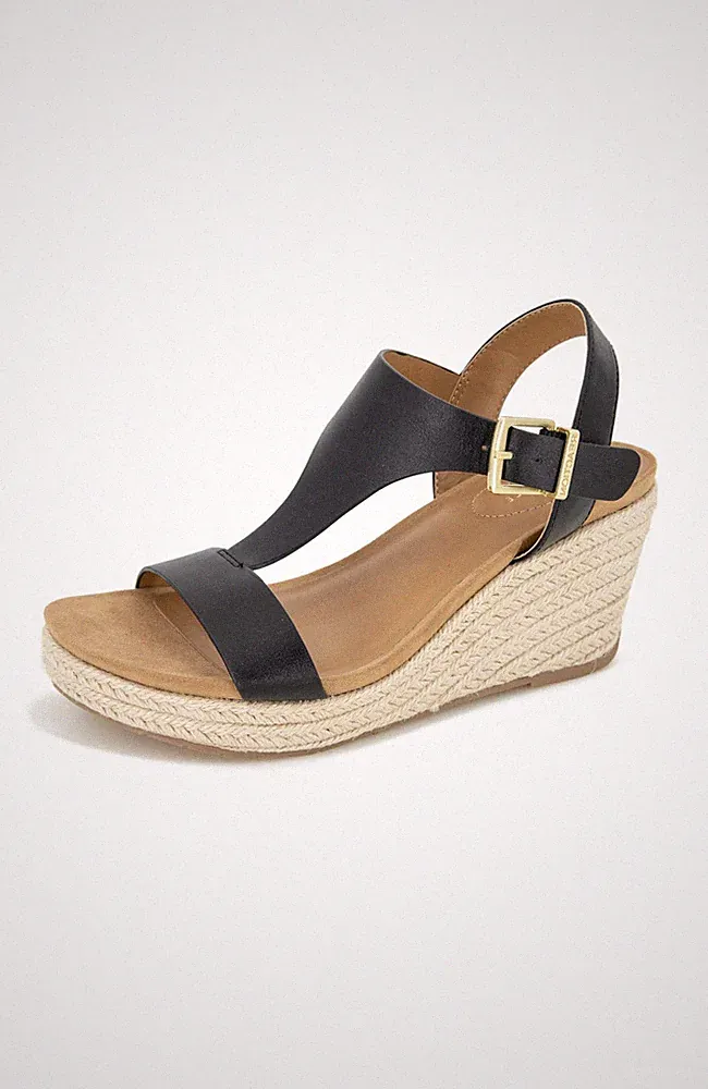 Damen Keilabsatz mit Tförmigem Keilsandalen mit TRiemen, Schwarz, 39 EU