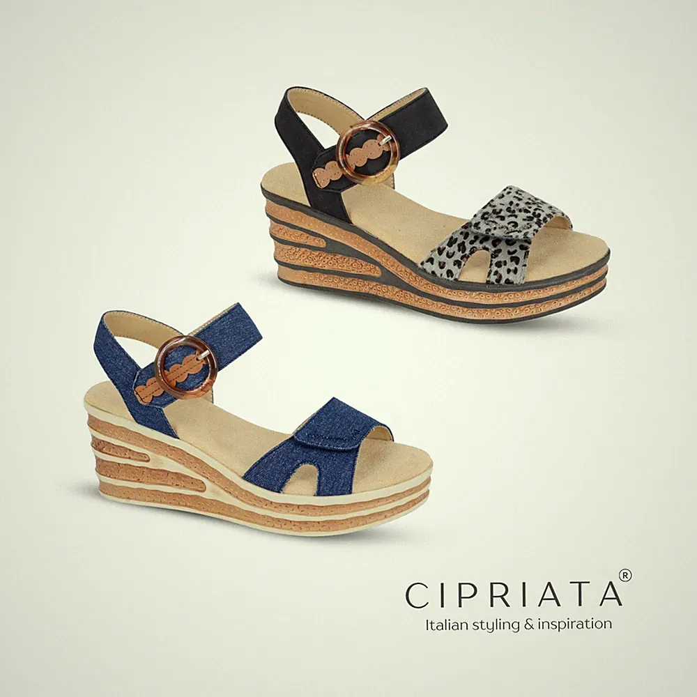 Damen Keilabsatz Neckholder Sandalen Cipriata Touch Verschluss Denim Urlaub Sommer gepolstert