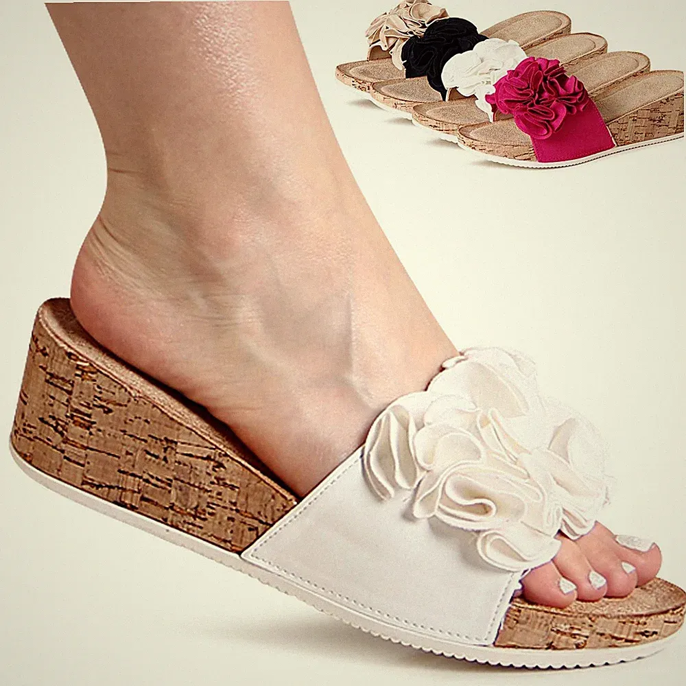 Damen Keilabsatz Pantoletten Plateau Keil Sandalen Blumen Slipper Slip On