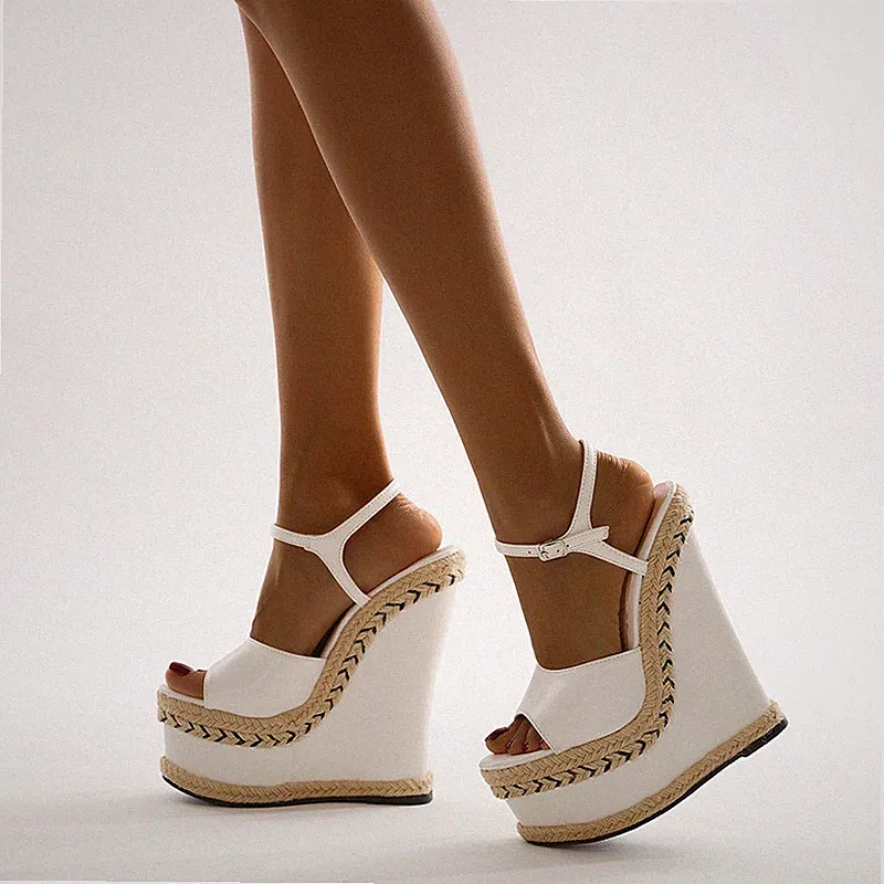 Damen Keilabsatz Plateau Knöchelriemen Sandalen High Heels Pumps Schnalle Sexy