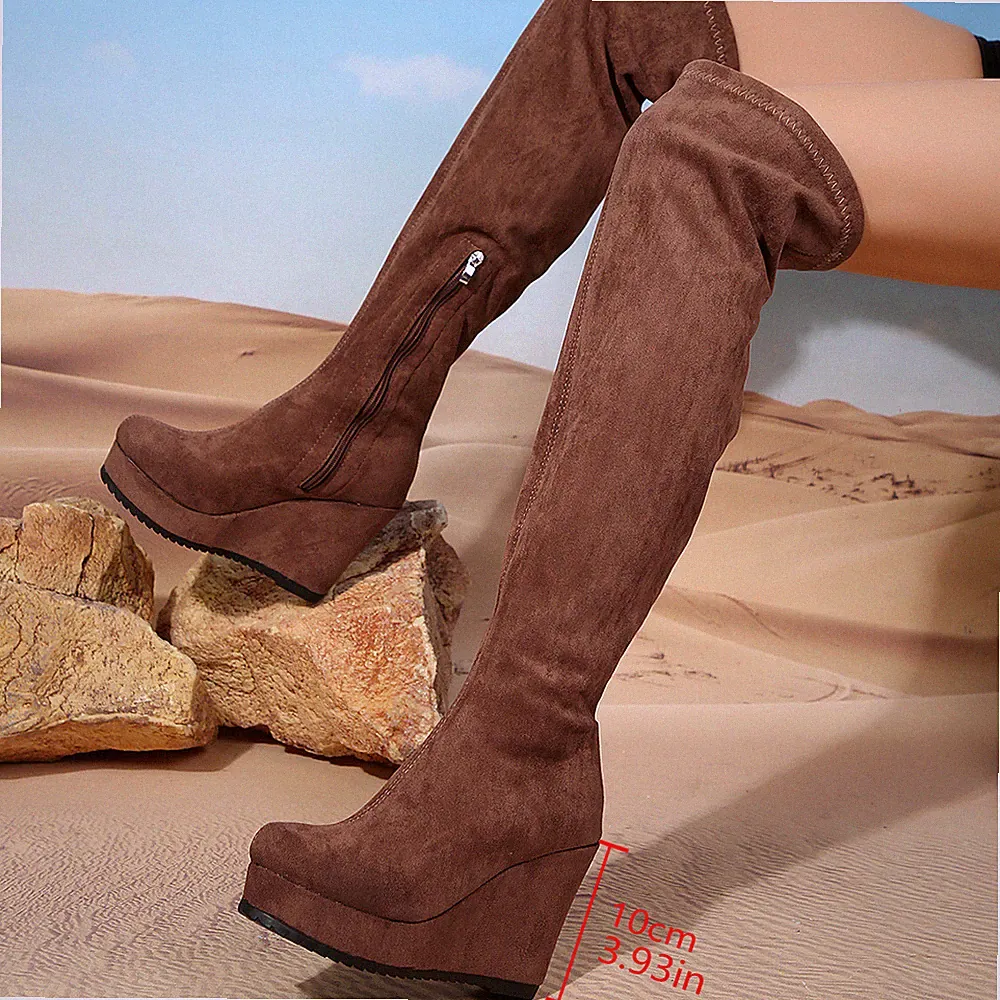 Damen Keilabsatz Plateau Schenkelhoch Stiefel Reißverschluss High Heels Schuhe