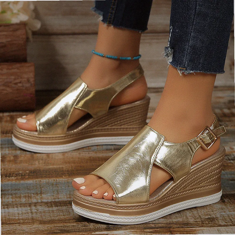 Damen Keilabsatz Plateau Schnalle Sommer Pumps Peep Toe Slingback Schuhe