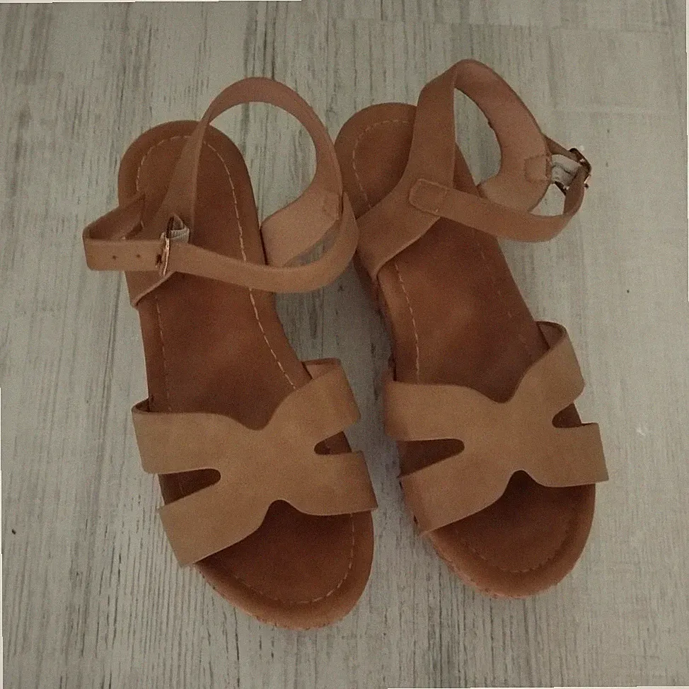 Damen Keilabsatz Riemchen-Sandalen EU 37 Beige/Braun Kork-Optik Schnalle