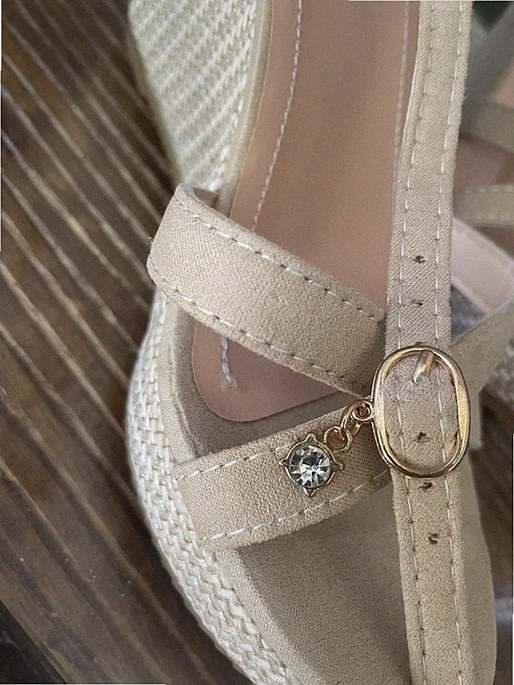 Damen Keilabsatz-Sandalen beige Riemchen Knöchelriemen Schnalle Strass EU 36 Som