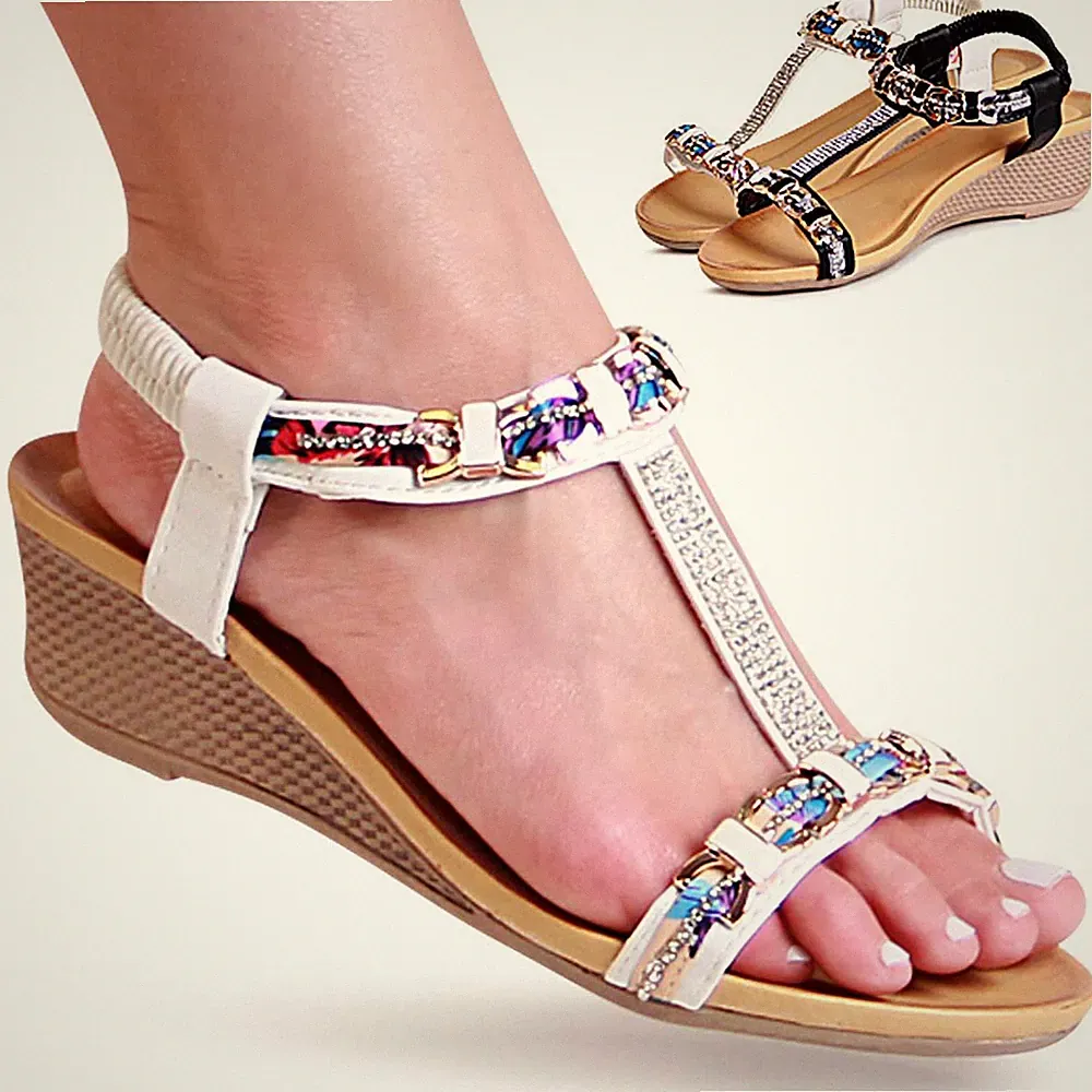 Damen Keilabsatz Sandalen Glitzer Plateau Riemchen Keil Sandaletten Trendy