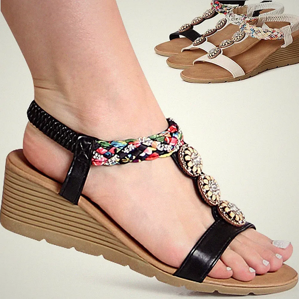 Damenschuhe Keilabsatz Sandalen Glitzer Riemchen Keil Sandaletten Blume Bänder