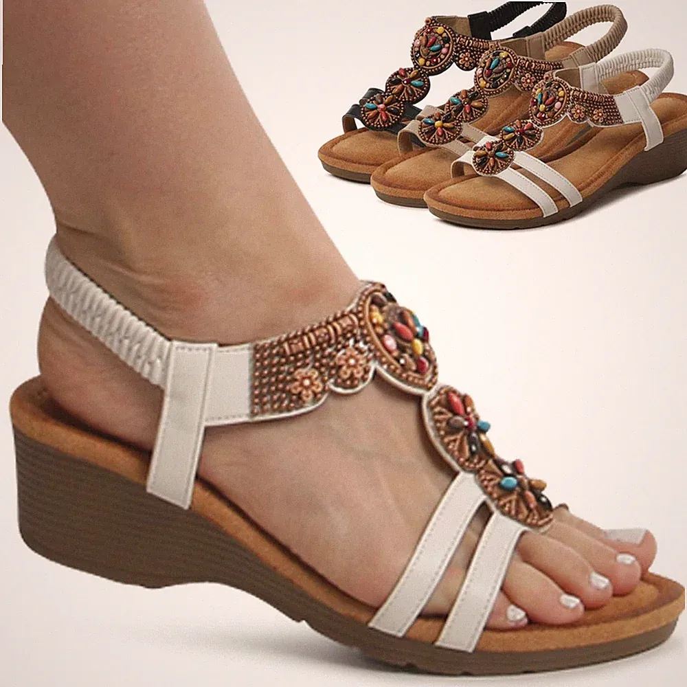 Damen Keilabsatz Sandalen Komfort Plateau Sandaletten Ethno Look