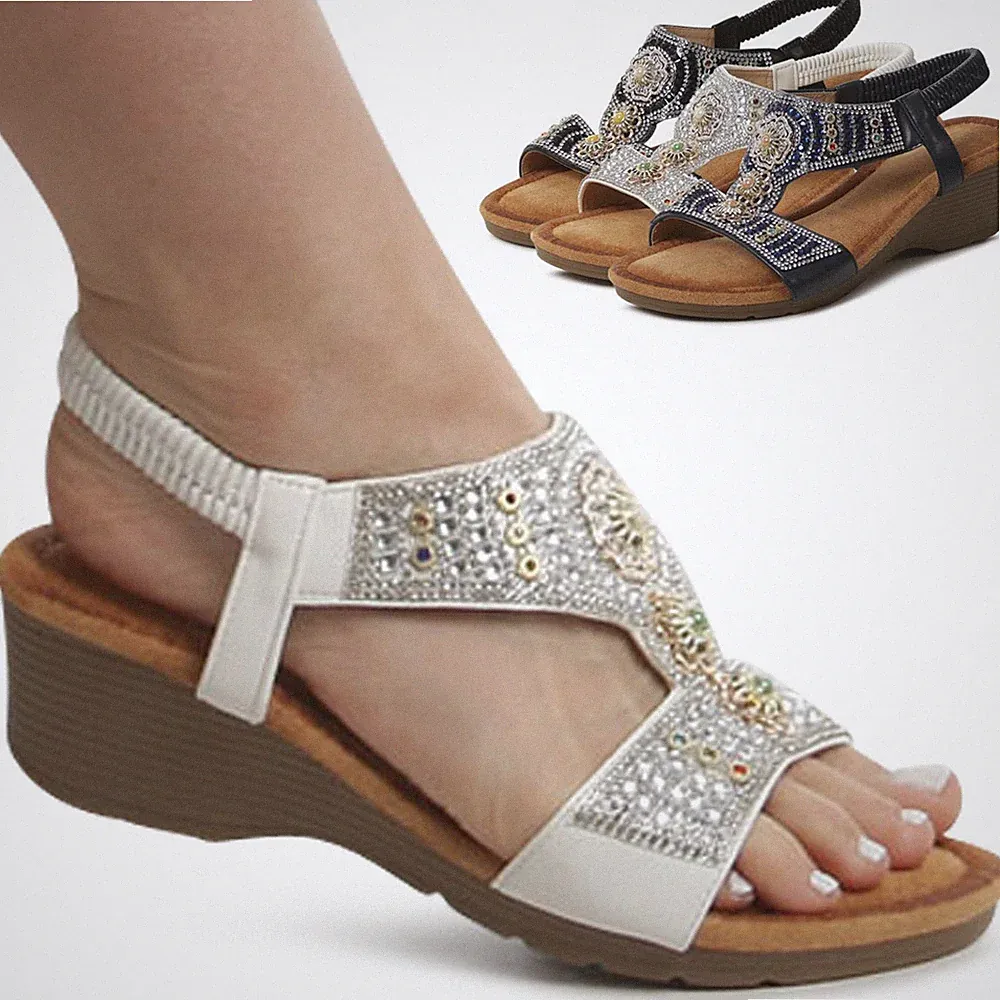 Damen Keilabsatz Sandalen Komfort Plateau Sandaletten Glitzer Boho Look