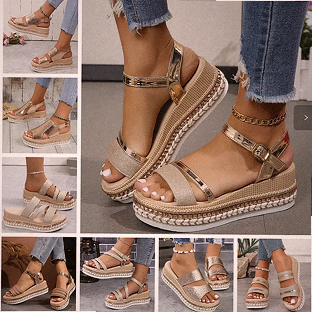 Damen Keilabsatz Sandalen mit Schnalle Glänzend Plattform Sommer Zehenausschnitt