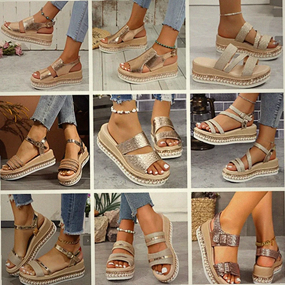 Damen Keilabsatz Sandalen mit Schnalle Zehenausschnitt Glänzend Plattform Sommer