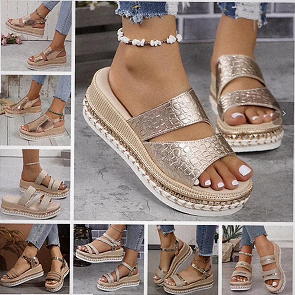 Damen Keilabsatz Sandalen mit Schnalle Zehenausschnitt Plattform Sommer Glänzend