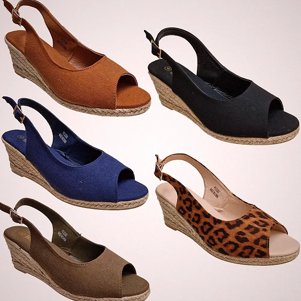 Damen Keilabsatz Sandalen Peeptoe Canvas Riemen Jute hohe Fersenriemen Schnalle Sommer