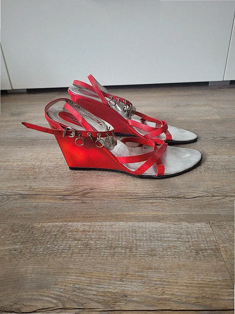 Damen Keilabsatz Sandalen Riemchen Plateau Sandaletten Glitzer Metallisch Rot