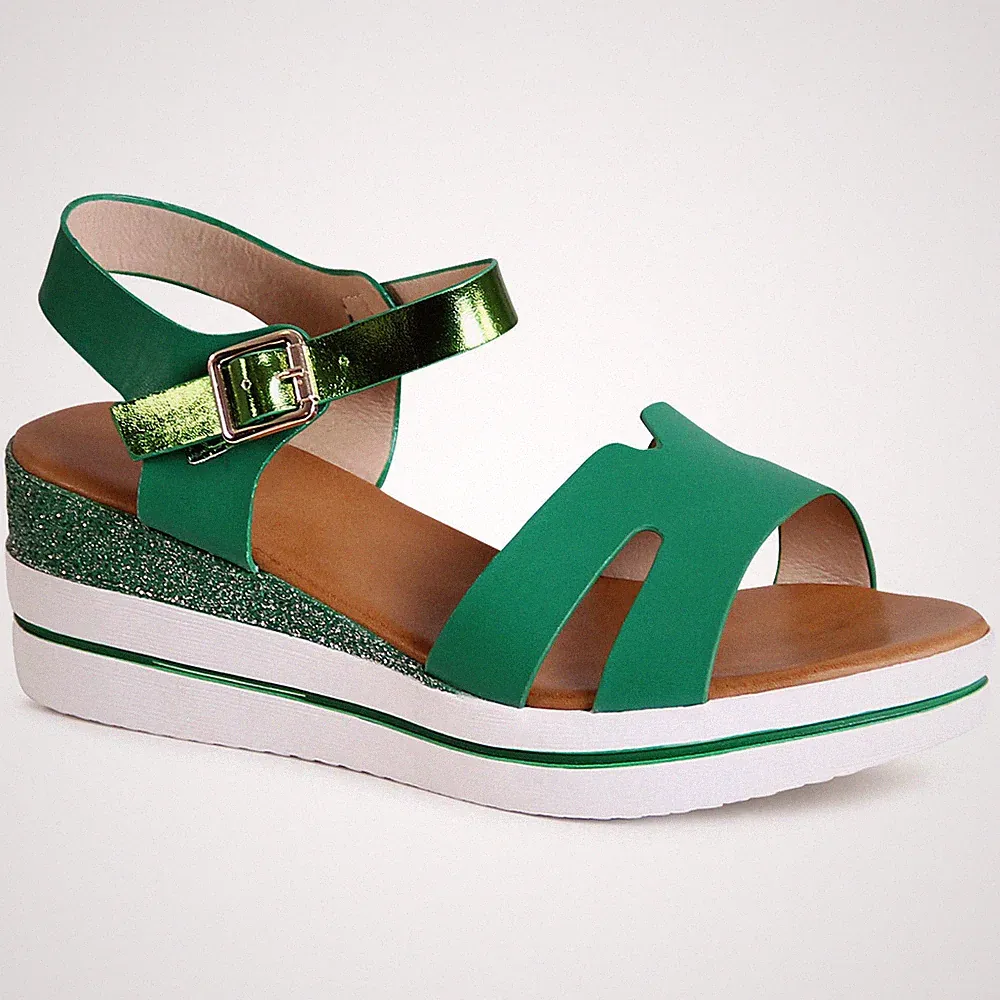 Damen Keilabsatz Sandalen Riemchen Sandaletten Glitzer Keil Pumps Trendy