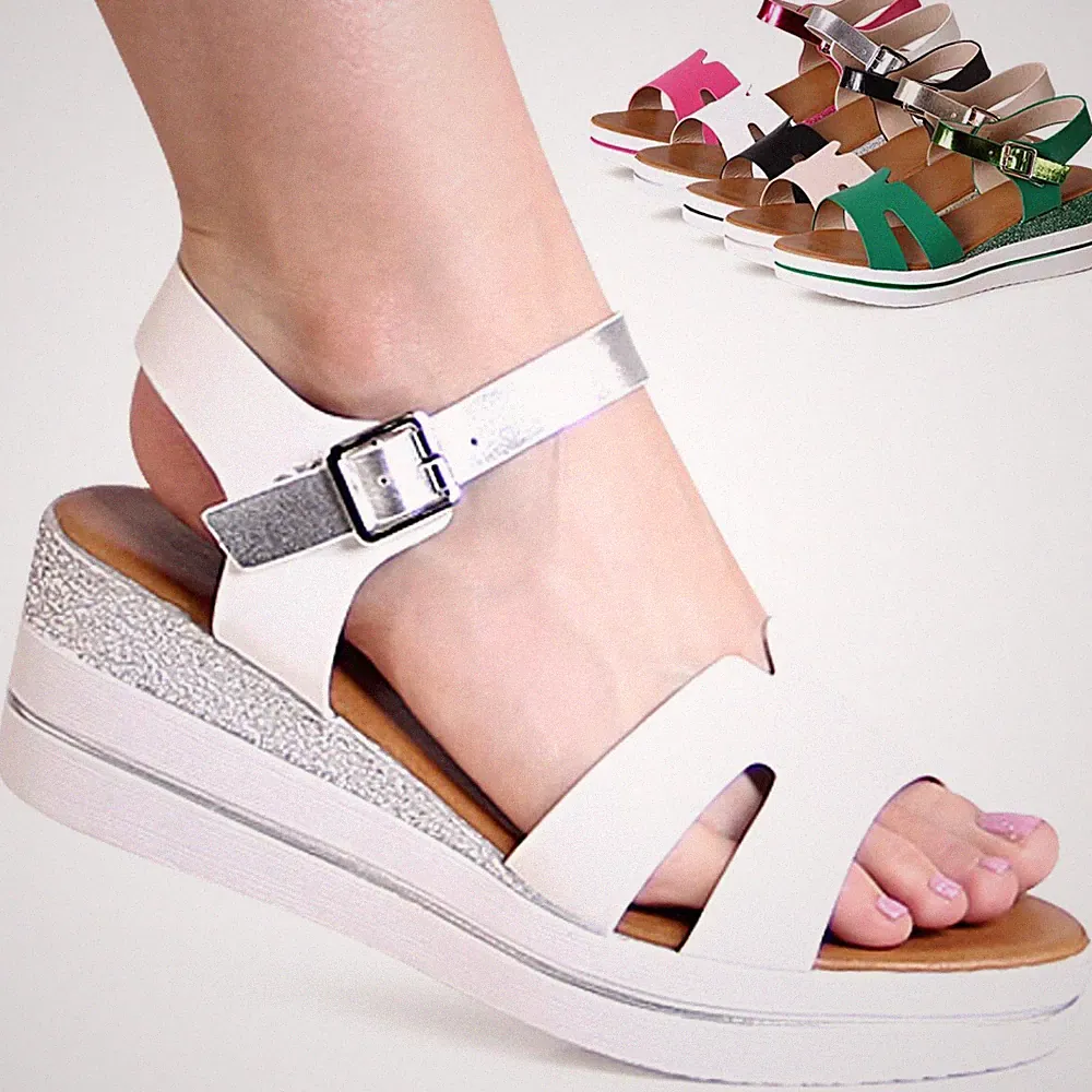 Damen Keilabsatz Sandalen Riemchen Sandaletten Glitzer Keil Pumps Trendy