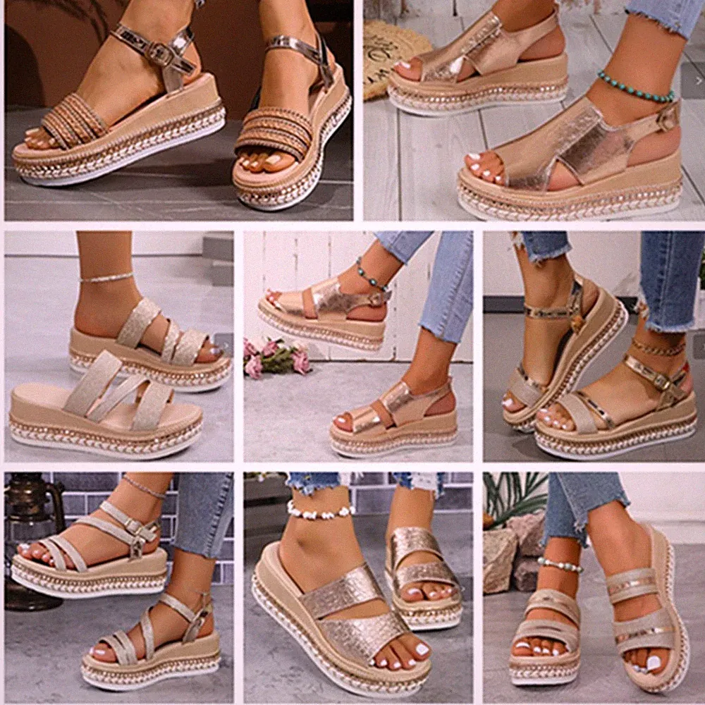 Damen Keilabsatz Sandalen Zehenausschnitt Glänzend Plattform Sommer mit Schnalle