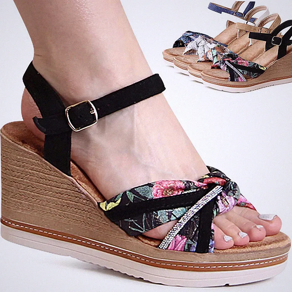 Damen Keilabsatz Sandaletten Riemchen Sandalen Plateau Keil Pumps Glitzer