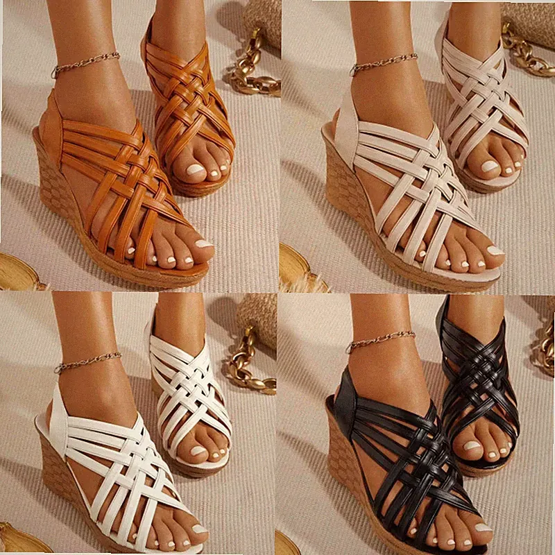 Damen Keilabsatz Sandaletten Wedges Sandalen Weben Strand Sommer Pantoletten DE