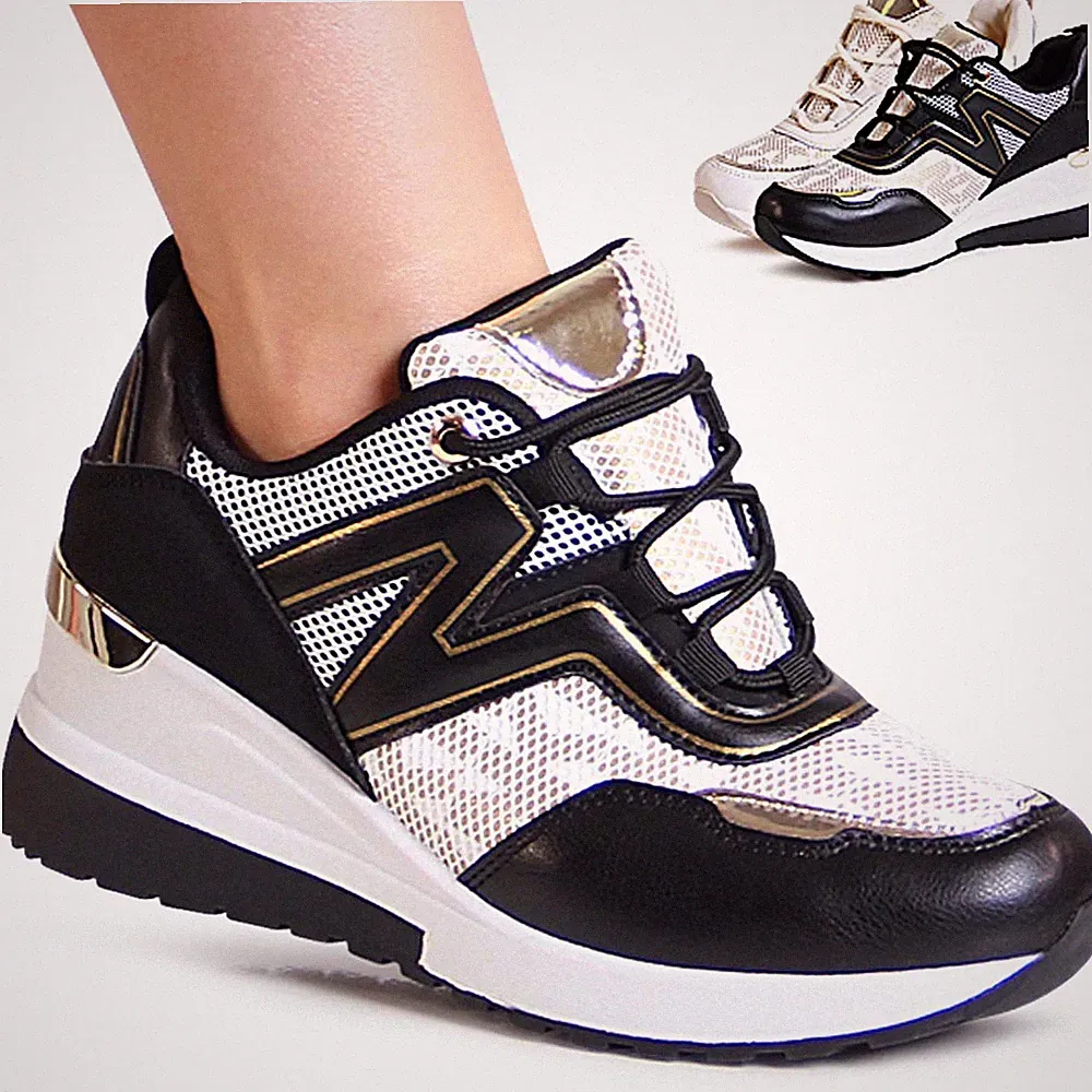 Damen Keilabsatz Sneaker Print Keil Halbschuhe Plateau Turnschuhe Mesh